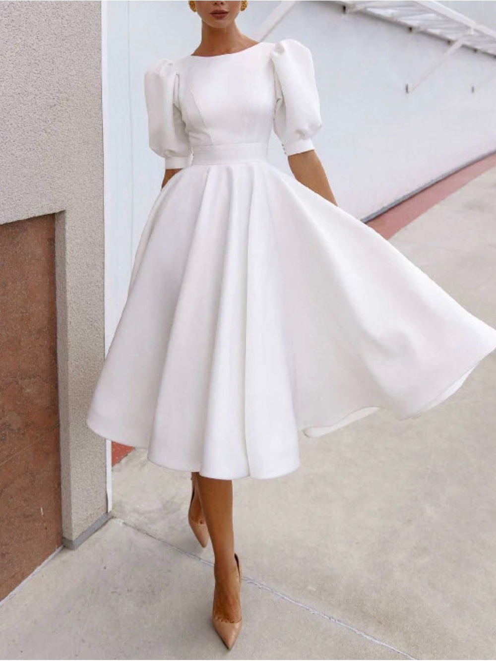 Classic White Midi Dress with Puff Sleeves